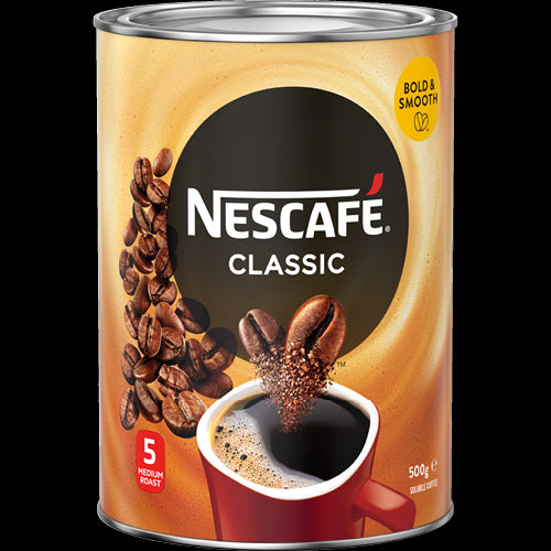 A 500g tin of Nescafe Classic Coffee, featuring rich aroma and smooth flavor for quick and satisfying coffee moments.