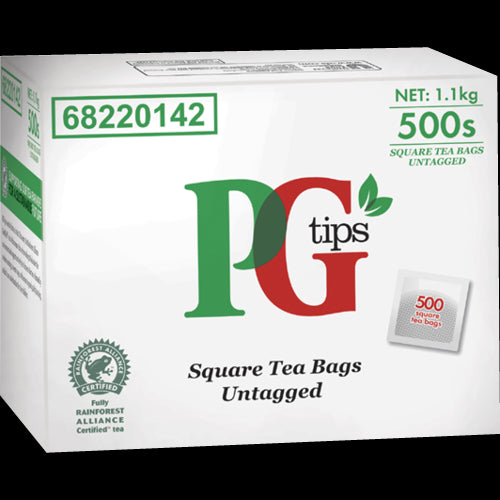 PG Tips Tea Bags 500-pack, featuring robust flavor and individually wrapped bags for fresh, delightful brews anytime.