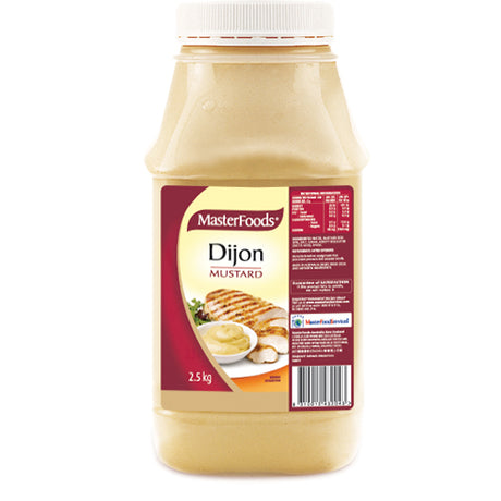 Masterfoods Dijon Mustard in 2.5kg, offering gourmet tanginess for culinary dishes in restaurants and foodservice.