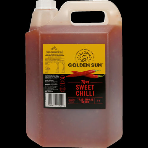 5L bottle of Golden Sun Sweet Thai Chili Sauce, featuring a blend of chilies, sugar, and garlic for authentic Thai flavor.