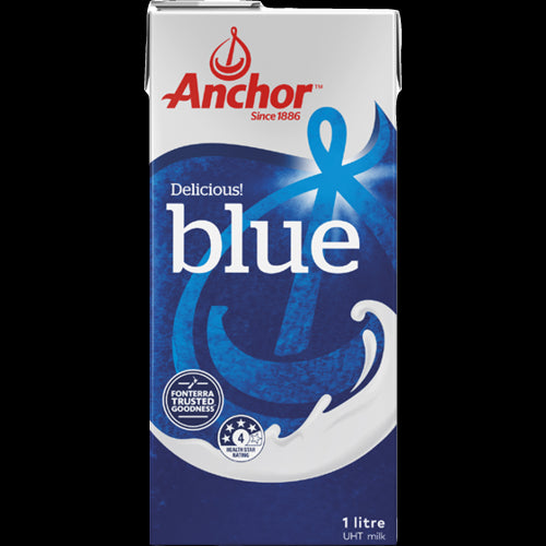 Anchor Blue UHT Milk 1l, a shelf-stable, protein-rich milk ideal for quick recipes and ensuring bone health.