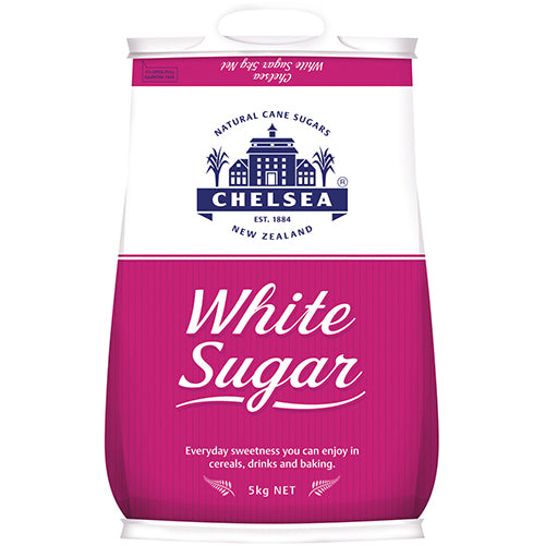 A 5kg bag of Chelsea White Sugar, perfect for baking, cooking, and sweetening beverages with premium-quality crystals.