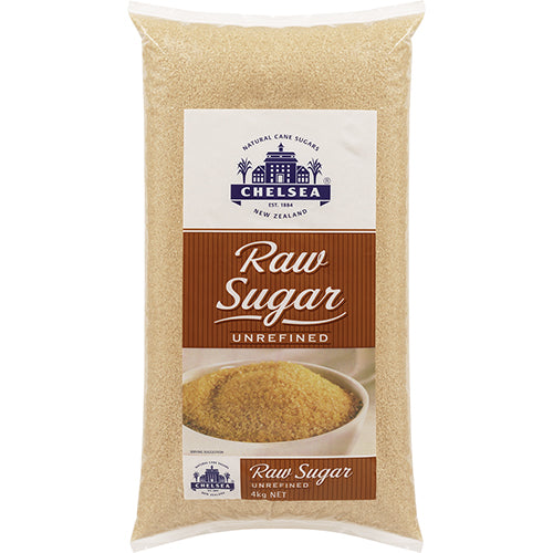 Chelsea Raw Sugar 4kg bag, natural granulated sugar for baking and cooking, enhances flavors and elevates dishes.