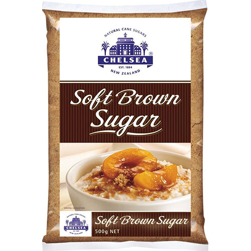 Chelsea Soft Brown Sugar 500g in a resealable bag, ideal for baking and cooking, with rich molasses-like flavor.