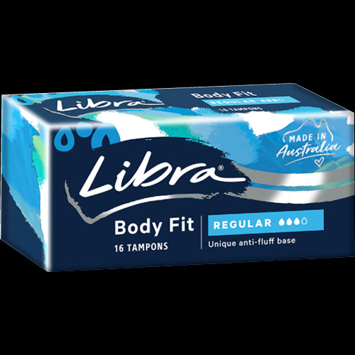 Libra Body Fit Regular Tampons 16pk, designed for comfort and reliable medium-flow protection with a tapered tip and anti-fluff base.