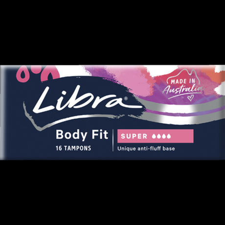 Libra Body Fit Super Tampons 16-pack, designed for heavy flow, offers maximum comfort, easy insertion, and reliable protection.