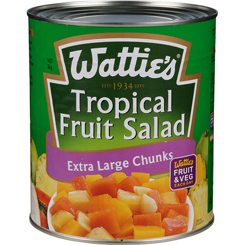 A 3kg can of Wattie's Tropical Fruit Salad in syrup, featuring pineapple, papaya, and guava for refreshing desserts and snacks.