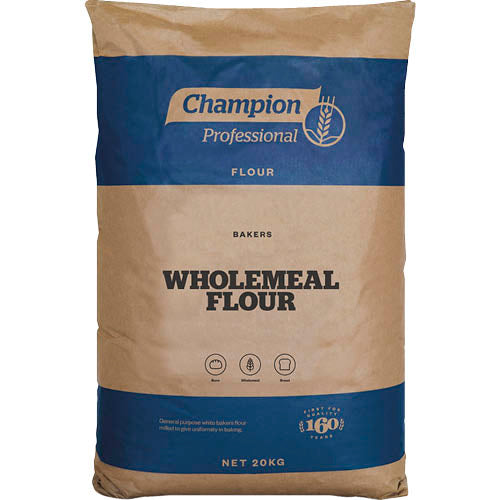 Champion Wholemeal Flour 20pk: Nutrient-rich flour for baking wholesome bread, cakes, and pasta in resealable packaging.