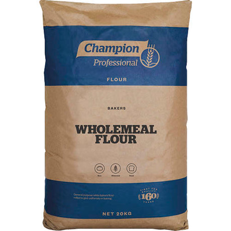 Champion Wholemeal Flour 20pk: Nutrient-rich flour for baking wholesome bread, cakes, and pasta in resealable packaging.