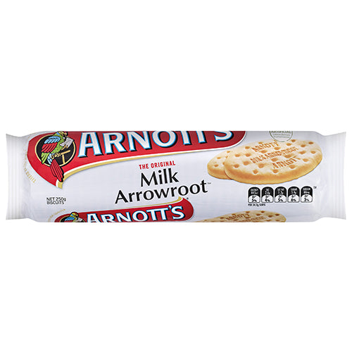 Arnott's Milk Arrowroot Biscuits 250g pack featuring wholesome ingredients and a crunchy texture, perfect with tea or coffee.