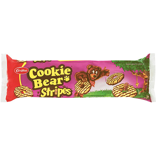 Griffin's Cookie Bear Stripes Biscuits 200g, featuring crunchy texture and creamy stripes, perfect for snacking and sharing.