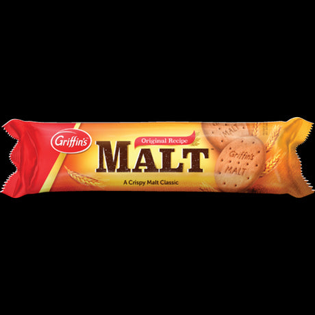 Golden-brown Griffin's Malt Biscuits, 250g pack, offering a crunchy texture and buttery malt flavor, perfect for dunking.