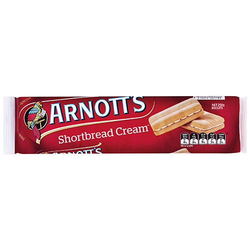 Arnott's Shortbread Cream Biscuits in a 250g pack, featuring rich buttery shortbread with creamy fillings, perfect for tea time.