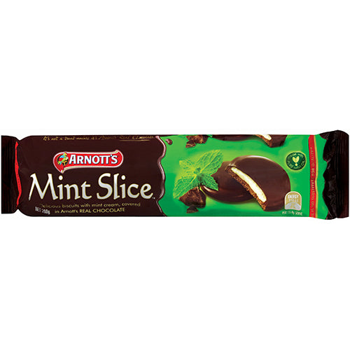 Arnott's Mint Slice Biscuits 200g, crunchy biscuits with rich chocolate and refreshing mint for a delightful treat.