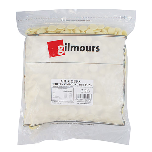 Gilmours 2kg white chocolate compound buttons, perfect for baking and decorating with a smooth, creamy finish.