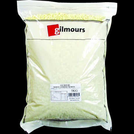 Gilmours White Chocolate Compound Bits 5kg, ideal for melting and baking, offering rich flavor for desserts and confections.