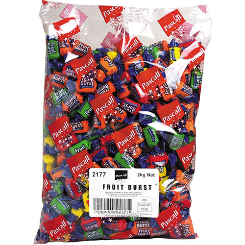 Colorful Pascall Fruit Bursts candies in a 2kg bag, offering chewy fruit flavors perfect for parties and snacking.