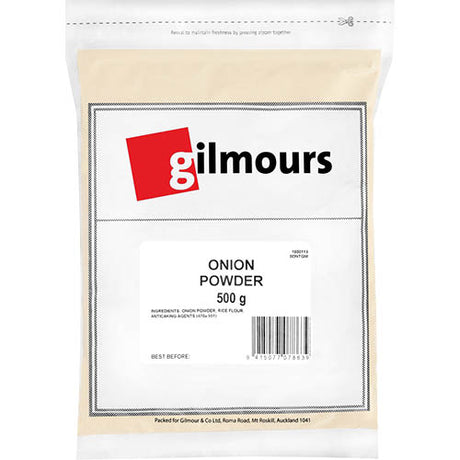 Gilmours Onion Powder 500g in a resealable bag, perfect for enhancing flavors in cooking and baking with premium onion taste.