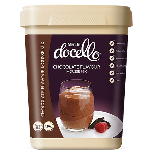 Nestle Docello Dessert Mousse Chocolate 1.9kg pack for rich, creamy chocolate desserts; easy to prepare and perfect for any occasion.