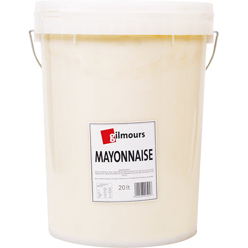 Gilmours Mayonnaise 20L, a rich and creamy condiment ideal for chefs, enhancing sandwiches, salads, and sauces.