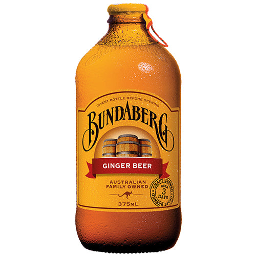 24-pack of Bundaberg Ginger Beer bottles, 375ml each, showcasing its zesty flavor and refreshing, non-alcoholic effervescence.