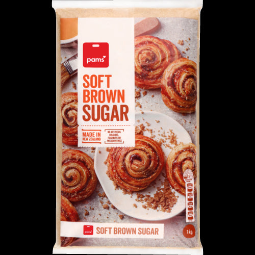 Pams Soft Brown Sugar 1kg in a bag, perfect for baking and cooking, offering rich flavor and easy measurement.