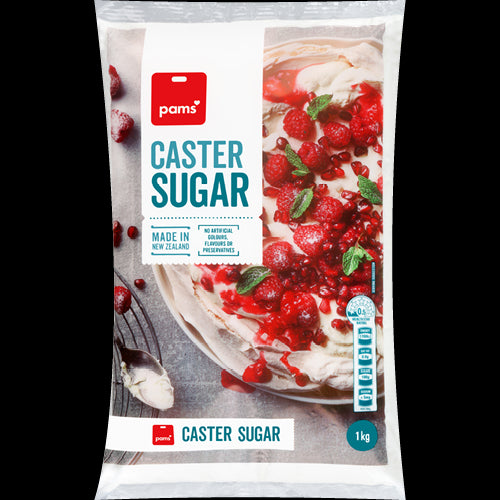 Pams Caster Sugar 1kg, finely milled white sugar ideal for baking delicate cakes and smooth icings.