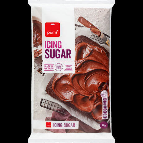 Pams Icing Sugar 1kg, a gluten-free staple for smooth, sweet cake toppings and exquisite baked goods.