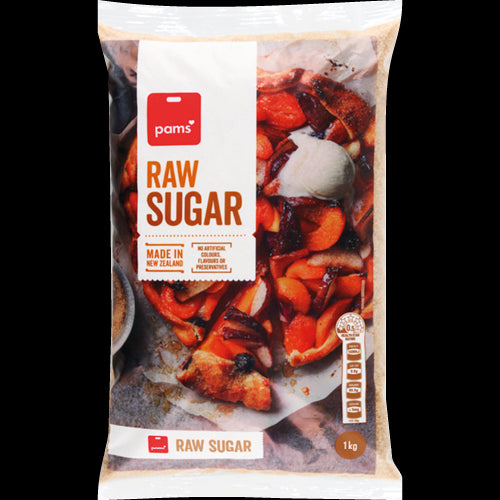 Pams Raw Sugar 1kg in eco-friendly packaging, golden granulated sugar ideal for baking, cooking, and sweetening beverages.