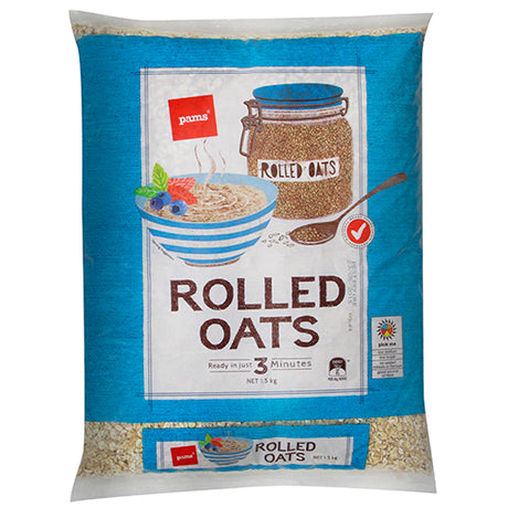 Bowl of Pams Rolled Oats 1.5kg, perfect for quick porridge or baking, rich in fiber, and suitable for vegan diets.