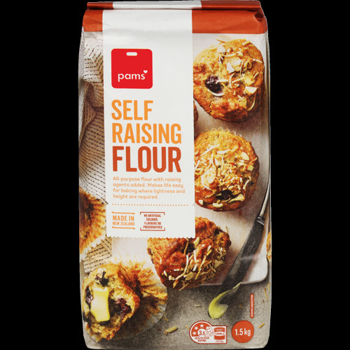 Pams Self Raising Flour 1.5kg pack, ideal for baking light cakes, scones, and muffins with consistent results.