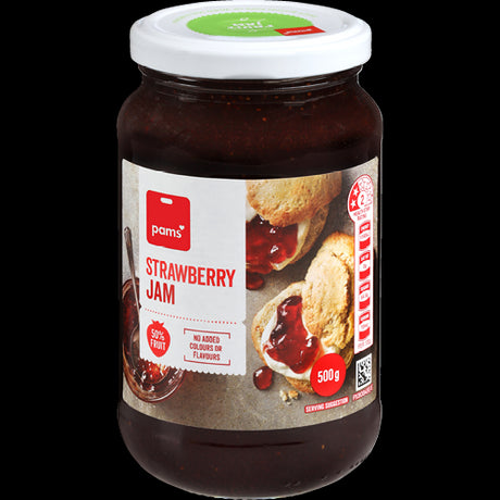 Delicious Pams Strawberry Jam 500g, perfect for spreading on bread, baking, or adding fruity flavor to meals.