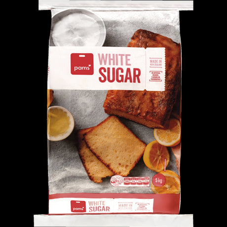 Pams White Sugar 5kg package, ideal for baking and cooking with pure, fine-grained sugar for perfect results.