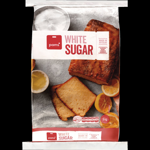 Pams White Sugar 5kg package, ideal for baking and cooking with pure, fine-grained sugar for perfect results.