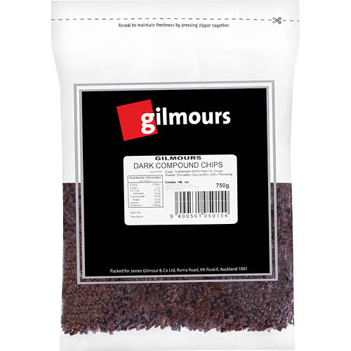 Gilmours Dark Chocolate Chips 750g, rich cocoa flavor, perfect for baking, melting, or snacking, ideal for desserts.