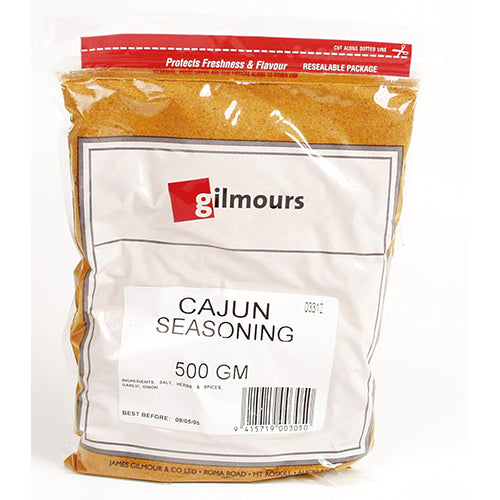 Gilmours Cajun Spice 500g package showcasing a bold seasoning blend for authentic Louisiana flavors and versatile cooking.