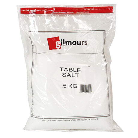 Gilmours Table Salt 5kg pack of 100% pure sodium chloride, essential for cooking, baking, and seasoning dishes.