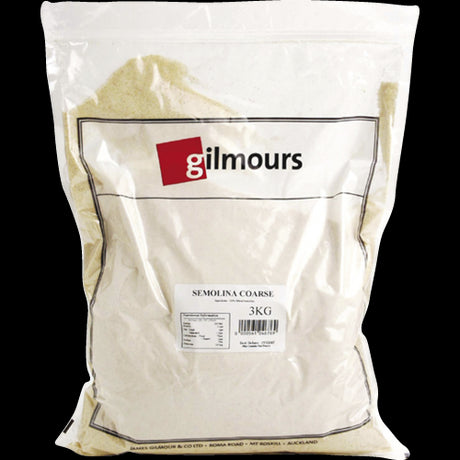 Gilmours Semolina Course 3kg bag, ideal for pasta, gnocchi, and desserts, made from premium durum wheat.