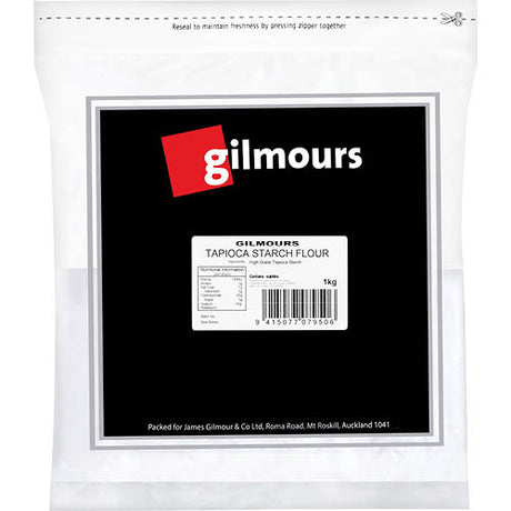 Gilmours Flour Tapioca 1kg bag, ideal for gluten-free baking, thickening, and desserts with premium tapioca starch.