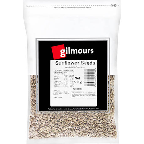 Gilmours Sunflower Seeds 500g package, rich in nutrients and perfect for snacking, salads, and baking.