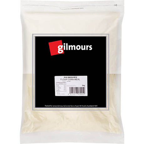 Gilmours Corn Meal Flour 3kg bag, ideal for baking, cooking, gluten-free recipes, rich in fiber and natural sweetness.