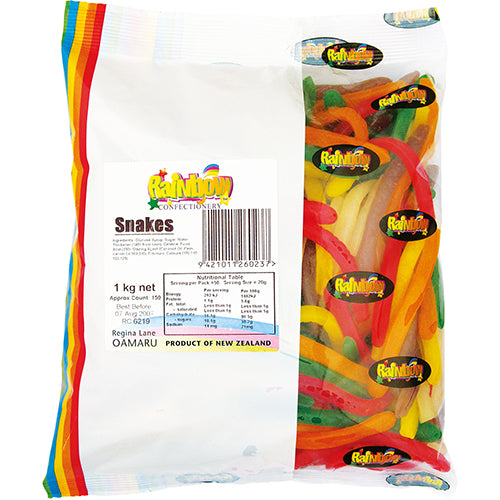 Assorted colorful gummy snakes in a 1kg bag, perfect for parties, candy buffets, and satisfying sweet cravings.