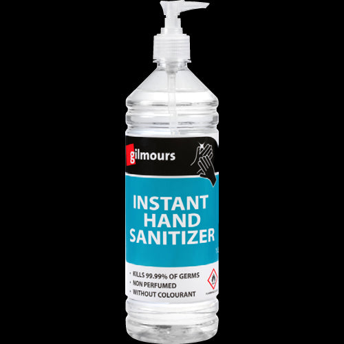 Gilmours Instant Hand Sanitiser 1L bottle for effective germ protection, gentle on skin, quick-drying, ideal for home and public use.