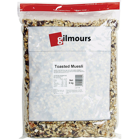 Gilmours Toasted Muesli 3kg pack featuring a blend of toasted grains, nuts, and seeds for a nutritious breakfast.