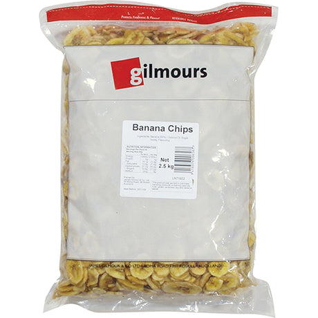 Crunchy and sweet Gilmours Banana Chips in a 2.5kg bag, made from ripe bananas for a delicious snack.