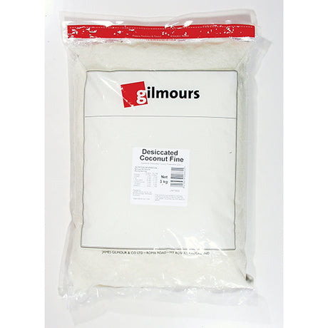 Gilmours 3kg desiccated coconut pack, perfect for baking, cooking, and healthy snacks with fine texture and rich flavor.