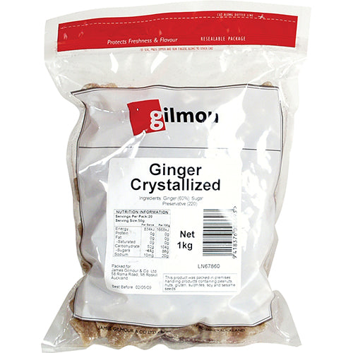 Gilmours Crystallised Ginger 1kg, sweet and spicy ginger pieces, ideal for baking, snacking, or enhancing recipes.