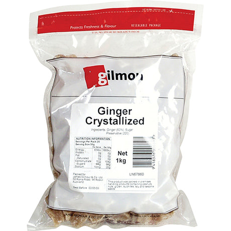 Gilmours Crystallised Ginger 1kg, sweet and spicy ginger pieces, ideal for baking, snacking, or enhancing recipes.