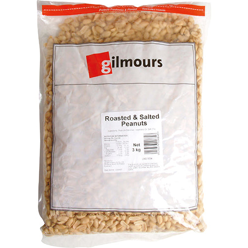 Gilmours 3kg roasted and salted peanuts, perfect for snacking or cooking with a delicious crunch and savory flavor.