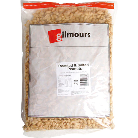 Gilmours 3kg roasted and salted peanuts, perfect for snacking or cooking with a delicious crunch and savory flavor.